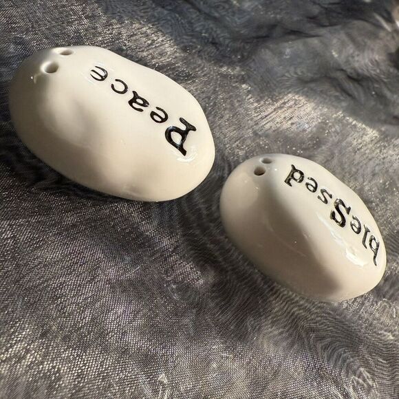 PS Peace Blessed Mini Salt & Pepper Shakers Religious Themed Minimalist White 2” - Picture 3 of 6